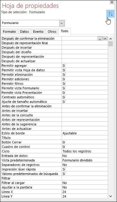 Captura de pantalla de la hoja de propiedades de Access con las propiedades ordenadas alfabéticamente