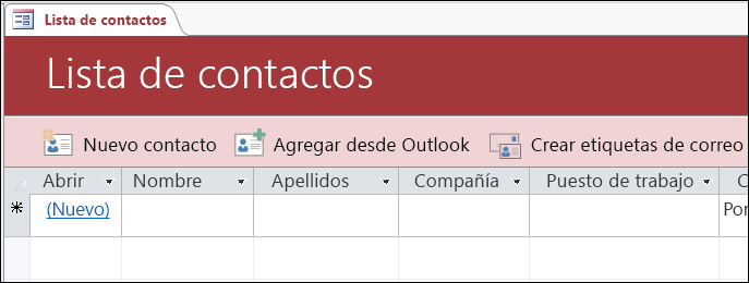 Formulario de la lista de contactos en la plantilla de la base de datos de contactos de Access