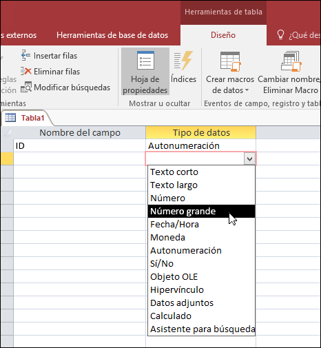 Captura de pantalla de la lista de tipos de datos en una tabla de Access. Número grande está seleccionado.